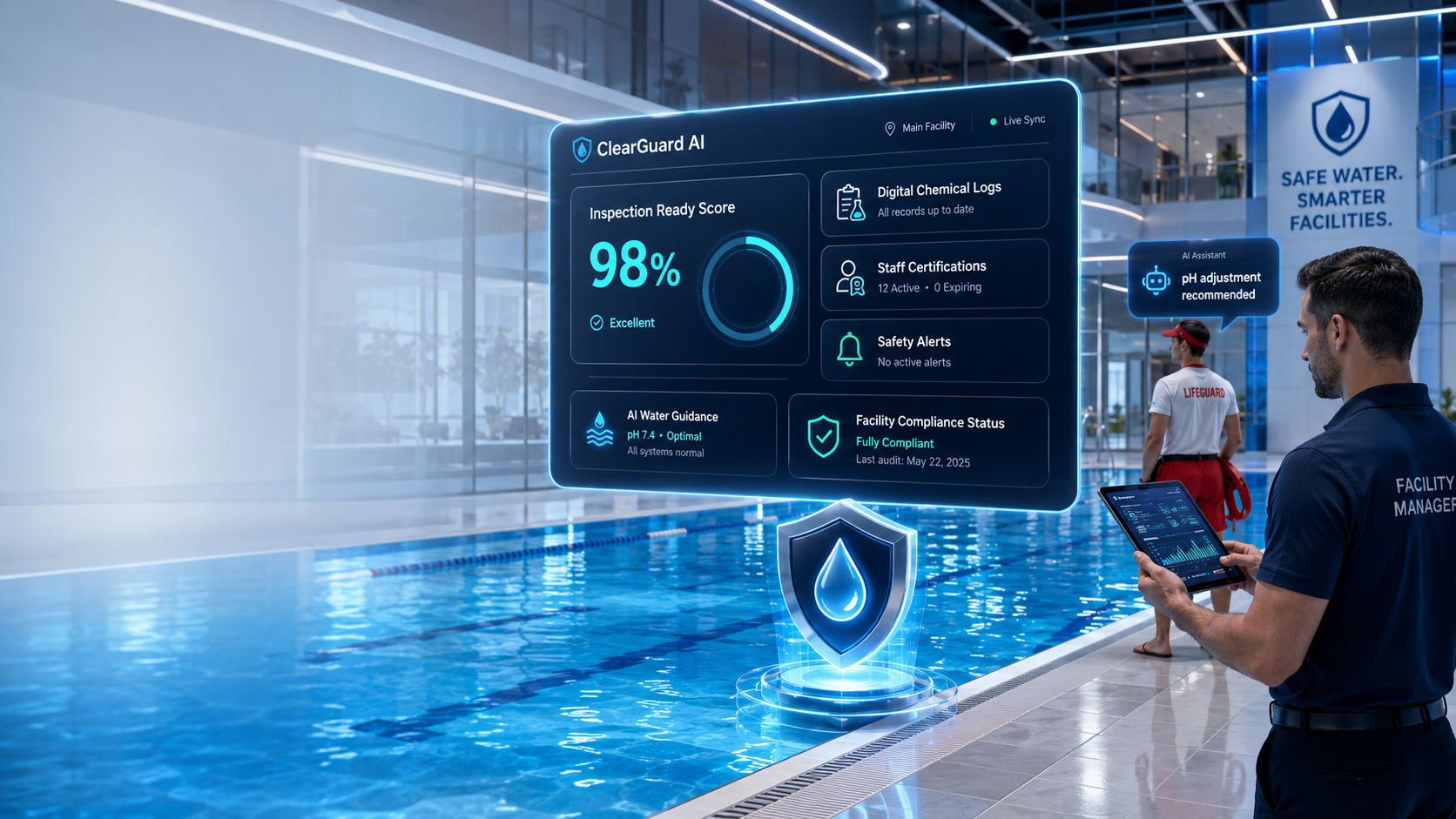 ClearGuard AI dashboard overlaid on a modern aquatic facility, showing inspection-ready score, chemical logs, certifications, and AI water guidance.